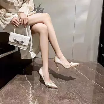fashion 2024 Women s Fashion Stiletto Shoes Autumn New Style Pointed Toe Shallow Bow Bow High Heels Women Shoes 35 бежевый