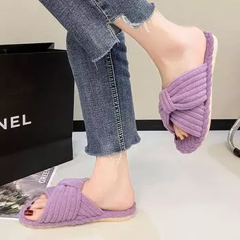 Fashion 2024 Women s Flat Shoes Autumn New Round Toe Open Toe Suede Soft Sole Non-Slip Wear-Resistant Slippers 36-37 чёрный