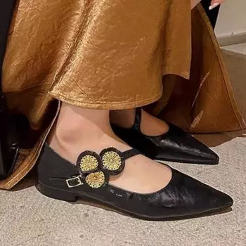 Fashion 2024 Women s Flats Gold Pointed Toe Ballet Flats Flower Mary Janes Shoes for Female New Designer Singler Shoes Spring Summer 35 чёрный