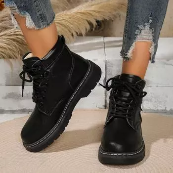 Fashion 2024 Women s High Top Boots Leather Shoes Fashion Ankle Boots Women s Winter Boots Women s Shoes Lace Up 35 чёрный