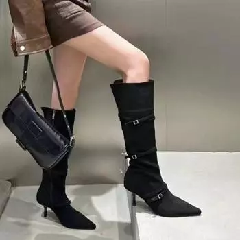 Fashion 2024 Women s Knee High Heel Fashion Boots Elegant Fashion Pointed Toe Fine Buckle Suede Trendy Designer High Boots 35 хаки