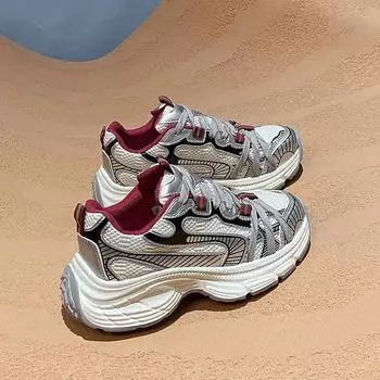 Мода 2024 года женские сетчатые дышащие кроссовки для ходьбы осенние женские туфли на шнуровке с толстой подошвой повседневная обувь 35 кларет