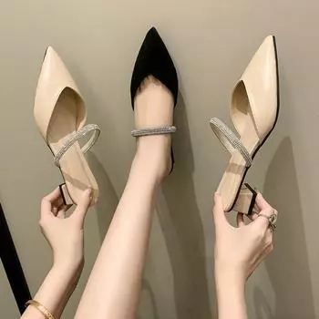 Мода 2024 года. Женские туфли на среднем каблуке. Туфли-лодочки с заостренным носком и квадратным каблуком для женщин. Сандалии для улицы. Летние тапочки с закрытым носком для женщин. 34 абрикосовый