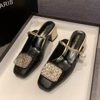 мода 2024 года женские новые летние квадратные туфли на низком каблуке Baotou Muller 34 бежевый