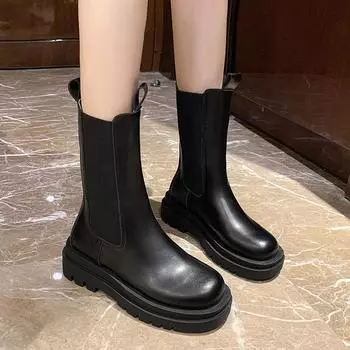 Fashion 2024 Women s New Winter Style Plush Warm Thick-soled Fashionable Solid Color Mid-calf Boots 35