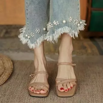 fashion 2024 Women S Sandals Leather Open Toe Ladies Beach Shoes Summer Sexy Sandals Buckle Strap Flip Women s Sandals 35 бежевый