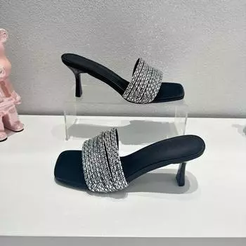 Мода 2024 года, женские босоножки, летние туфли на высоком каблуке с хрустальным поясом, черные женские тапочки, сексуальные роскошные босоножки для вечеринок с квадратным носком 34 серебряный