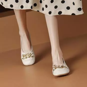 fashion 2024 Women s Shoes Elegant French Metal Buckle Shallow Mouth Flat Bottom Simple Soft Leather Low Heel Shoes for Women 34 бежевый