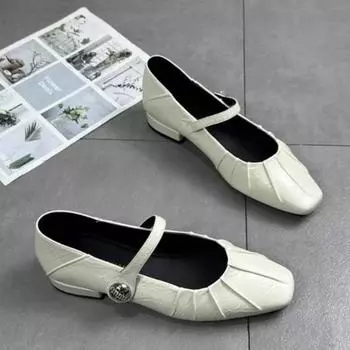 fashion 2024 Women s Shoes Mary Janes Women s High Heels Fashion Office Pumps Women Metal Decoration Pleated Low Square Heel Shoes Women 35 бежевый