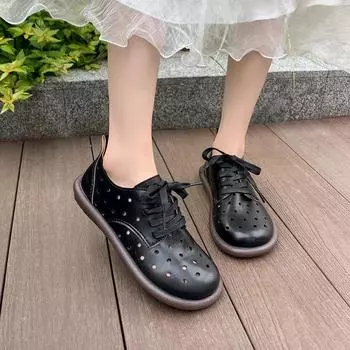 Мода 2024 года, женские одинарные туфли, осенние, новые, с круглым носком, с полым кружевом, с неглубоким воротом, повседневные, удобные, нескользящие, на плоской подошве, с низким верхом 35 серебряный