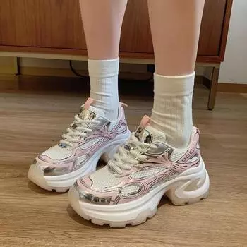 fashion 2024 Women s Sports Shoes Thick Sole Mesh Breathable Women s Shoes New Fashion Color Matching Casual Tennis Shoes Zapatos 35 розовый