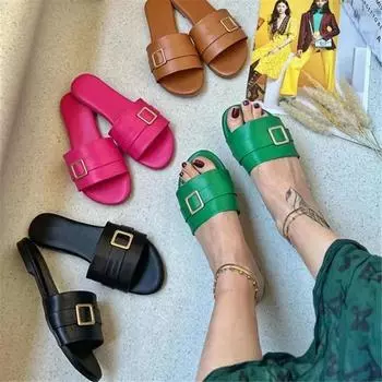 Мода 2024 года, женская весна/лето, новые тапочки с квадратной головкой и металлической пряжкой на ремне, женские мягкие кожаные нескользящие пляжные сандалии на плоской подошве, размер Sl 36 чёрный