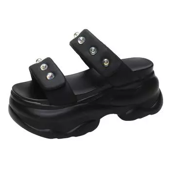 Fashion 2024 Women s Summer Crystal Slippers 8CM Wedge Slides New Chunky Sandals High Platform Flip-Flops Open Toed Beach Slippers 35 хаки