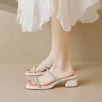 fashion 2024 women s summer sandals high heel slippers Korean style One word with rhinestones career and party wear ladies casual shoes 35 чёрный