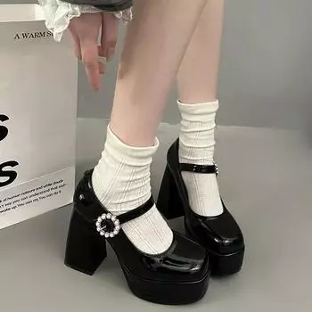 Fashion 2024 Women s Thick Soled Pumps Retro Extra Thick High Heels Mary Jane Shoe Laces Buckle Party Prom Wedding Shoes Zaptos Mujer 35 бежевый