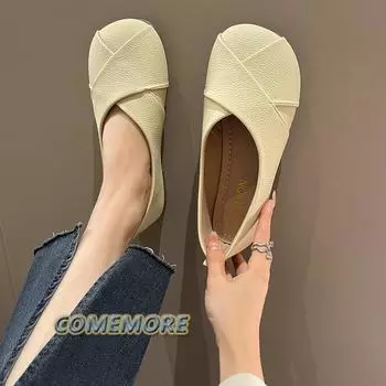 Fashion 2024 Women Slip-on Leather PU Loafers Ladies Casual Round Toe Cute Flats Nurse Shoes Sneakers Spring Autumn Fashion Ballet Shoes 35 бежевый