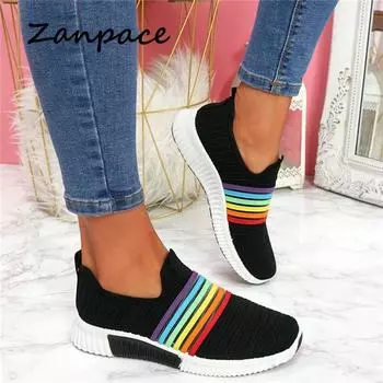 Fashion 2024 Women Sneakers Air Mesh Knitted Vulcanize Shoes Fashion Breathable Casual Shoes for Women Slip on Ladies Platform Sneakers 5 белый