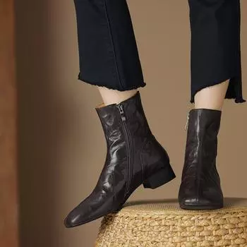 Fashion 2024 Women Split Leather Autumn Retro Ankle Boots Fashion Low Heels Pleated Chunky Heels Shallow Ladies Spring Short Boots 35 чёрный