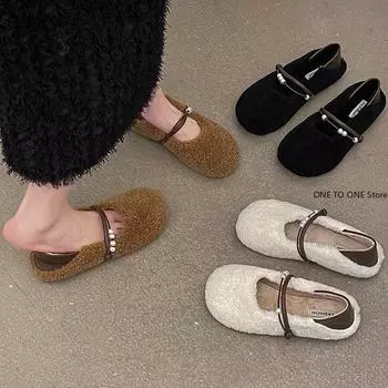 Fashion 2024 Women Warm Cotton Flat Shoes Fashion Round Toe Shallow Slip On Ladies Ballerinas Shoes Soft Casual Outdoor Laofer Shoes 35 белый