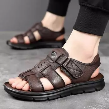 Fashion 2024Men s Sandals Luxury Genuine Leather Sandal Outdoor Casual Sandals Non Slip Beach Shoes for Men Driving Sandalias Big Size47 38 коричневый