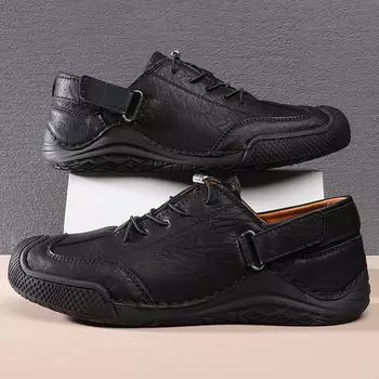 Fashion 2024New Fashion Men Casual Leather Outdoor Shoes Handmade Flat Designer Antiskid Board Shoes Comfy Breathable Soft Working Shoes 39 чёрный