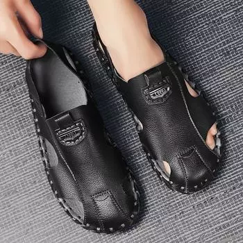 Fashion 2024New Men Handmade Black/beige Sandals High Quality Outdoor Non-slip Sandals Classic Slip on Summer Shoe for Men Casual Shoes 38 хаки