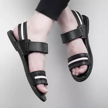 Fashion 2024Summer Men Classic Black Leather Sandals Men Genuine Leather Roman Open-toed Slipper Outdoor Comfortable and Breathable Shoe 38 чёрный