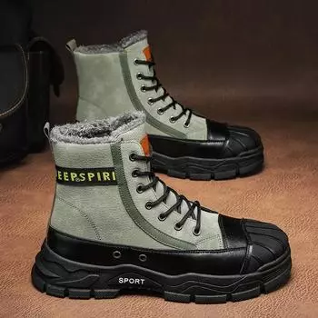 Fashion 2024The New Men Plush Thickened High Top Men Shoes ShortTube Motorcycle Boots Versatile Winter Black Men Boots Botas Hombre Piel 39 зелёный