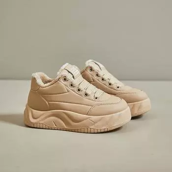 Мода 2024 года, женские высокие кроссовки, теплые хлопковые туфли из плюша, модная повседневная обувь из кожи, дизайнерская обувь на платформе, Zapatos Mujer 35 хаки