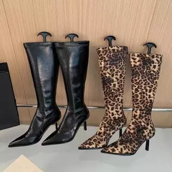Fashion 2024Women Leopard Print Boots Fashion Knee-High Pointed Toe Thin High Heels Shoes Zipper Long Booties Fashion Show Autumn Winter 35 цветной печати леопарда