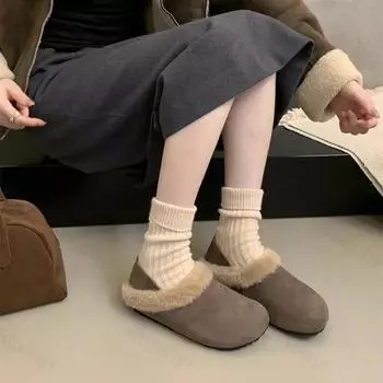 Fashion 2025 New Fashion Winter Warm Closed-toe Fluffy Slippers Cosy Non-slip Slides for Women Indoor Ladies Mule Flat Cotton Shoes 35 коричневый