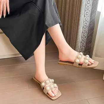 Fashion 2025 Open Toe Women s Slippers New Outdoor Daily Summer Plus Size String Bead Concise Soft Bottom Flat Slippers Zapatos 35 жёлтый