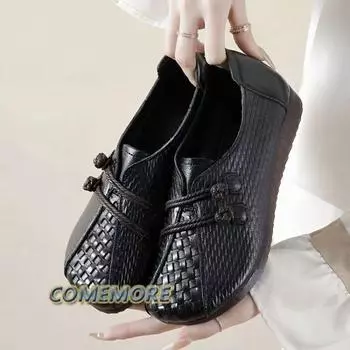 Fashion 2025 Spring Autumn New Fashion Leather Flats Woman Shoes Designer Double Rope Round Toe Loafers Black Brown Sneakers Comfortable 35 чёрный