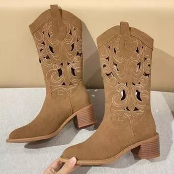 мода 2025 Тренд Женские ботильоны челси на высоком каблуке с острым носком Новая мода Полые до середины икры Повседневная обувь Готические туфли Зимние ботинки Женские 35 бежевый