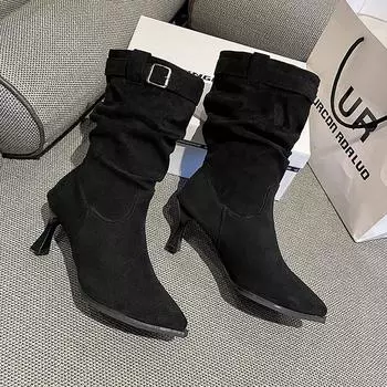 Мода 2025 года, тренд, туфли на высоком каблуке с острым носком, новые полусапожки, зимние брендовые модные повседневные туфли «Челси», замшевые туфли-лодочки Botas Mujer 35 чёрный