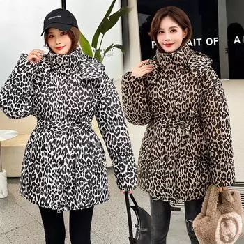 FASHION 2025 Winter New Women s Leopard Print Down Cotton Clothes Thickened Loose Cotton Clothes Women s Jackets Clothes M
