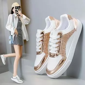 fashion 2025 Women Casual Shoe Fashion Spring Autumn Sequin Splicing Sneakers Women Shallow Platform Vulcanize Shoes Zapatillas Mujer 35 золотой