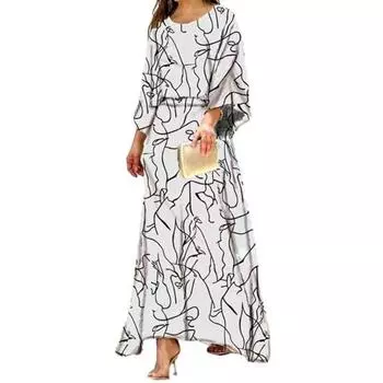 МОДНЫЙ комплект из 2 предметов: топ, юбка, контрастный цветной принт, рукав три четверти, свободный круглый вырез, высокая талия, длина до щиколотки, мягкий женский наряд на осень и весну M белый