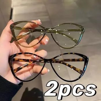 Fashion 2PCS Fashion Ins Stylish Plain Glasses for Women Ladies Cat Eye Optical Spectacle Eyeglasses Unisex Men Retro Anti-blue Glasses