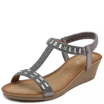 мода 36-42 Бохо Бохо Женские Новые Большие Размеры Женская Обувь Летние Кристалл Римские Сандалии Женские Повседневные Плоские Сандалии 36 шампанского