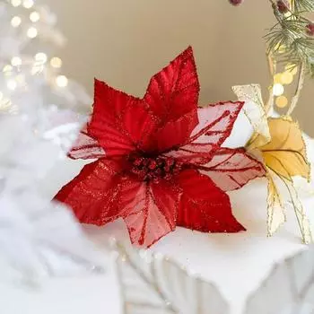 Fashion 3D Artificial Christmas Flowers DIY Shiny Glitter Fake Flowers Handmade Christmas Ornaments Christmas Tree Decor золотой
