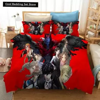 Fashion 3D Print Persona 5 P5 Anime Game Bedding Set Double Twin King Duvet Cover Comforter Pillowcase Boys Girls Adults Bedroom EU single(135x200cm)