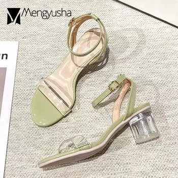 Fashion 5cm High Heels Shoes Ladies Ankle Buckle Strap Sandals Women Transparent Heel Clear Sandalias Beach Slippers Platform Flipflops 4.5 зелёный