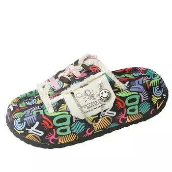 Fashion 6CM Fashion Summer New Women Slippers Platform Shoes Graffiti Mules Flip Flops Street Sandals Clogs Flat Casual Shoes For Female 35 чёрный