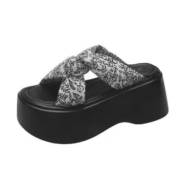 Fashion 7.5CM Heels Wedge Slides Sandals Women Casual Outdoor Slippers Female Summer Non Slip Beach Slippers Walking Chunky Shoes Woman 34 бежевый