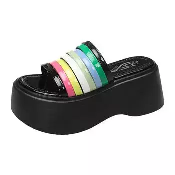 Fashion 7.5CM High quality Summer women s Thick soled white High-heel Sandals women s slope heel square toe slippers Women s Slippers 34