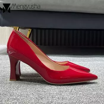 Fashion 7.5CM Japanned Leather Pumps Woman Red High Heels Bridal Shoes Wedding Office Dress Mary Jeans Pointed Toe Loafers Femmes Bombas 4.5 серый