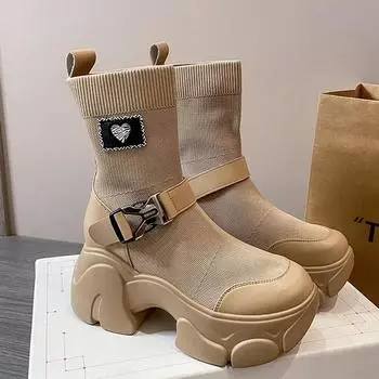 Fashion 7.5cm New Autumn Winter Chunky Heel All-match Women s Mid-tube Elastic Socks Boots Women Non Slip 34 чёрный