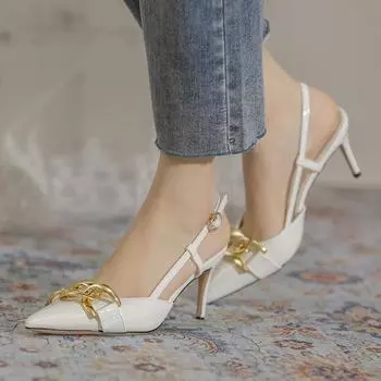 fashion 7.5CM Women Pumps Fashion Metal Ladies Shoes Thin Heels Woman Party Pointed Toe Summer Sandals Lady High Heels for Female Pumps 34 белый