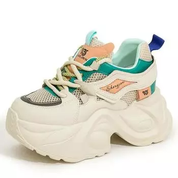Fashion 7cm Air Mesh Synthetic Genuine Leather Chunky Sneaker Sandals Women Ladies Comfy Spring Autumn Boots Mixed Color Vulcanize Shoes 34 бежевый